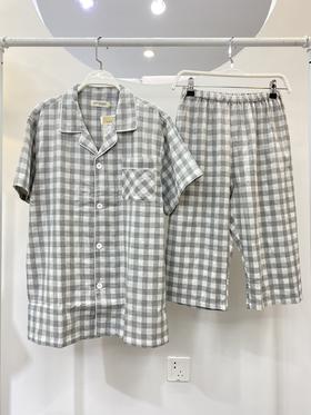 限时特惠#男款期盼纱布短袖中裤套装 全棉加大纱布大格子睡衣家居服