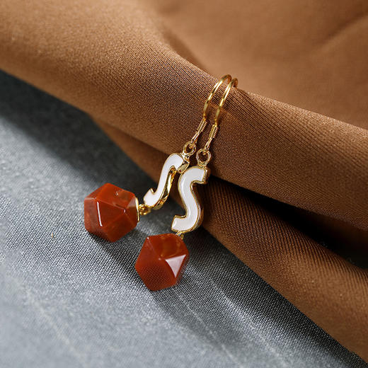 S925纯银天然南红玛瑙个性几何形耳坠耳饰CW 商品图2