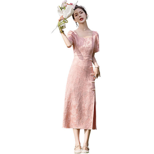WY62509夏季上新气质时尚新中式名媛风小众设计高级感提花方领连衣裙 商品图4