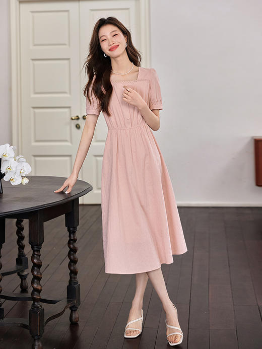 【五折购】熙世界方领连衣裙女夏2025新款蕾丝花边气质收腰纯棉裙子高级感 商品图3