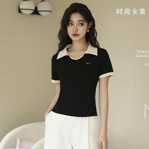 正肩polo领短袖V领宽松版T恤女士夏季设计感小众短款上衣SZ2758 商品图3