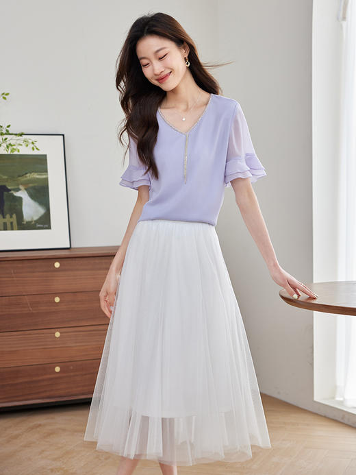 【49元福袋不支持退换】熙世界荷叶边短袖V领雪纺衫女2025夏季新款宽松减龄好看的小衫 商品图2