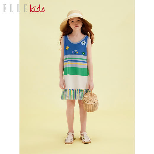 ELLEkids童装 法式度假流苏手工花朵毛线绣背心裙 商品图1