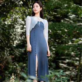 oldcolour欧珂夏季套装连衣裙女荷叶边短款罩衫两件套P26102523