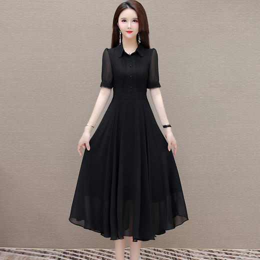 QYM-6628120纯色长款大摆雪纺裙新款短袖褶皱裙中长款裙子 商品图0
