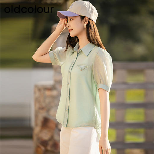oldcolour欧珂夏季短袖衬衫女法式气质高级感雪纺上衣女P25011526 商品图3