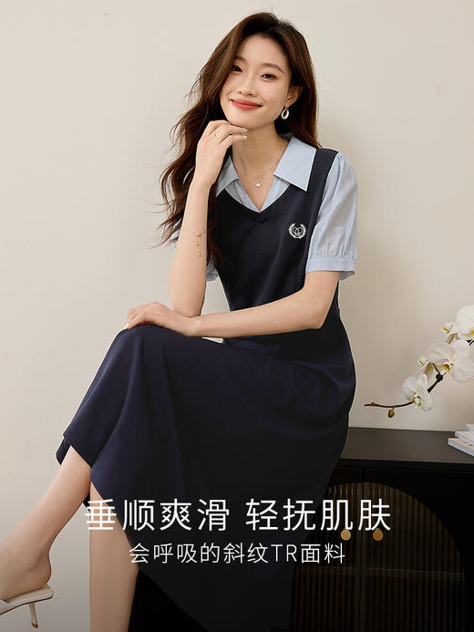 【专属特价】熙世界学院风假两件连衣裙夏2025新款短袖衬衫领拼接显瘦长裙子 商品图1
