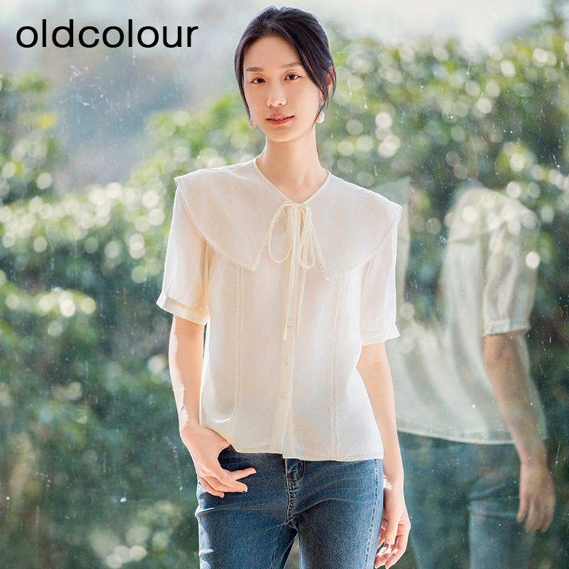 oldcolour杏色宽松衬衫夏季新款法式娃娃领减龄上衣女P23011403