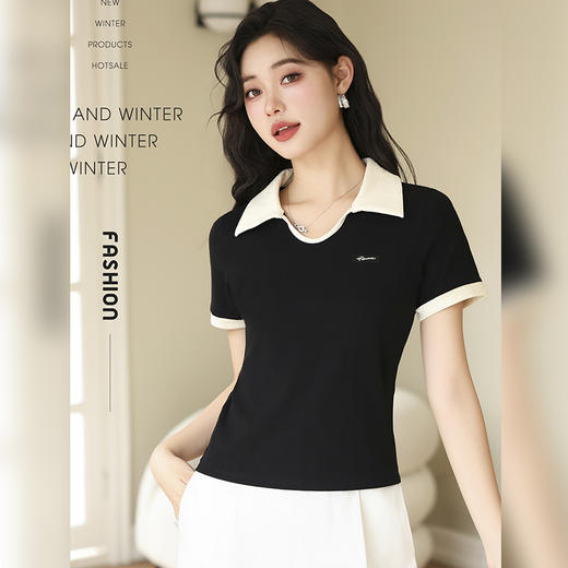 正肩polo领短袖V领宽松版T恤女士夏季设计感小众短款上衣SZ2758 商品图1