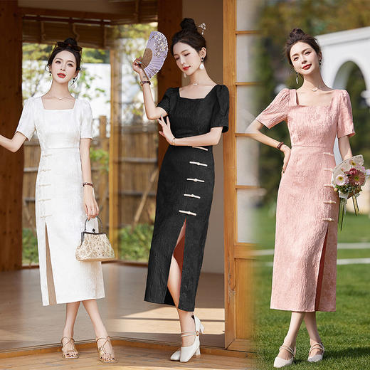 WY62509夏季上新气质时尚新中式名媛风小众设计高级感提花方领连衣裙 商品图3