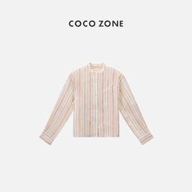 COCO ZONE2024时尚竖条纹长袖衬衫撞色翻领单排扣上衣CC1B0759