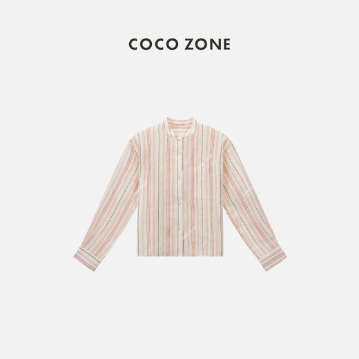 COCO ZONE2024时尚竖条纹长袖衬衫撞色翻领单排扣上衣CC1B0759 商品图0