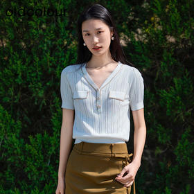 oldcolour短袖针织衫夏季新款设计感V领通勤白色上衣女P21052192