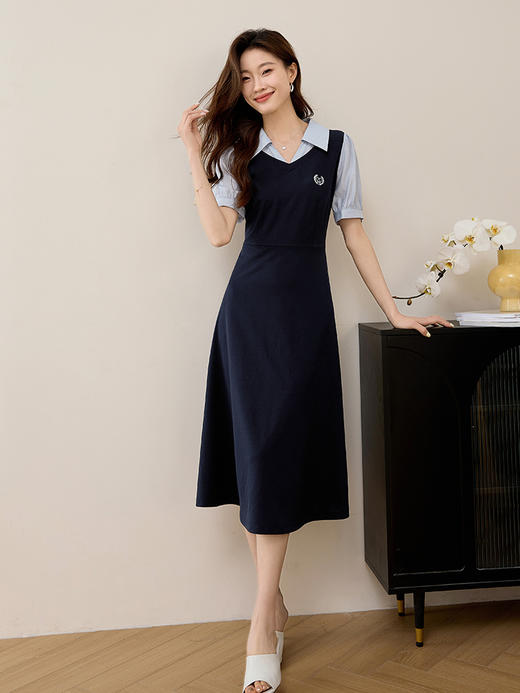 【专属特价】熙世界学院风假两件连衣裙夏2025新款短袖衬衫领拼接显瘦长裙子 商品图4