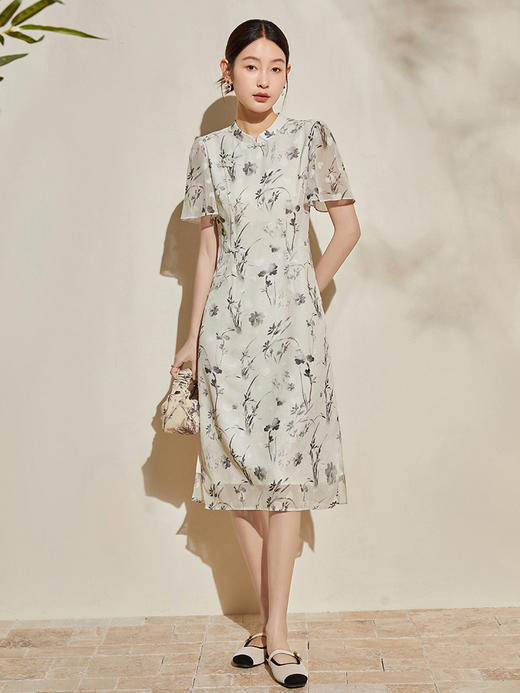 【专属特价】熙世界国风水墨印花连衣裙夏装新款荷叶袖立领新中式改良旗袍裙 商品图4