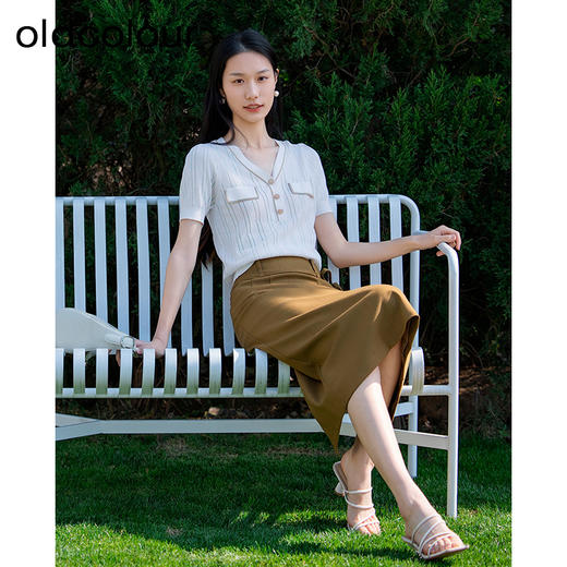 oldcolour短袖针织衫夏季新款设计感V领通勤白色上衣女P21052192 商品图2