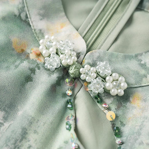 重工钉珠新中式旗袍，改良法式复古雪纺印花连衣裙WLZD-2413206 商品图2