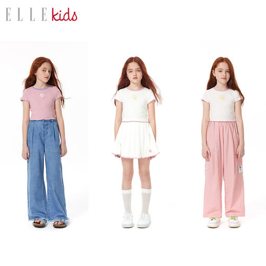 ELLEKIDS 童装 花朵系列 法式甜美细螺纹绣花短袖木耳边T恤 商品图1