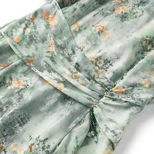 重工钉珠新中式旗袍，改良法式复古雪纺印花连衣裙WLZD-2413206 商品图3