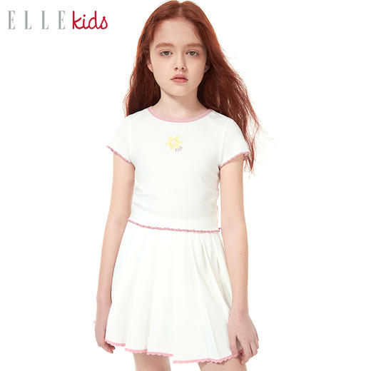 ELLEKIDS 童装 花朵系列 法式甜美细螺纹绣花短袖木耳边T恤 商品图2