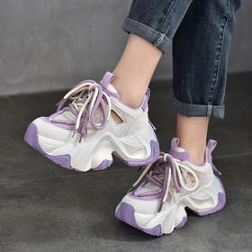 T658-12夏季镂空运动休闲鞋2024新款真皮老爹鞋女款网面透气小个子女鞋潮