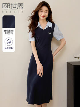 【专属特价】熙世界学院风假两件连衣裙夏2025新款短袖衬衫领拼接显瘦长裙子