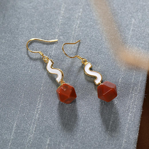 S925纯银天然南红玛瑙个性几何形耳坠耳饰CW 商品图0