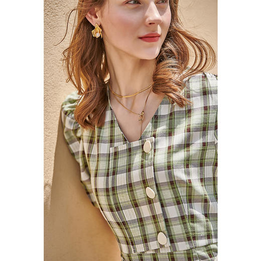 欧芮儿短袖格子连衣裙女2021新款夏季气质收腰显瘦百搭中长款A字 商品图4