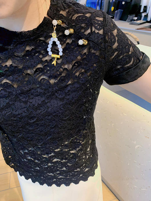 圆领装饰订珠蕾丝花短袖衫 3522040012 商品图11