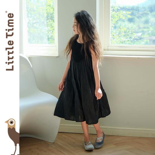 littletime女童黑色连衣裙2024春秋新款复古肌理裙春夏无袖吊带裙 商品图2