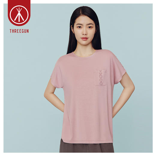 Threegun三枪 【莫代尔】花边圆领亦袖女士T恤上衣打底衫-24086A011 商品图1