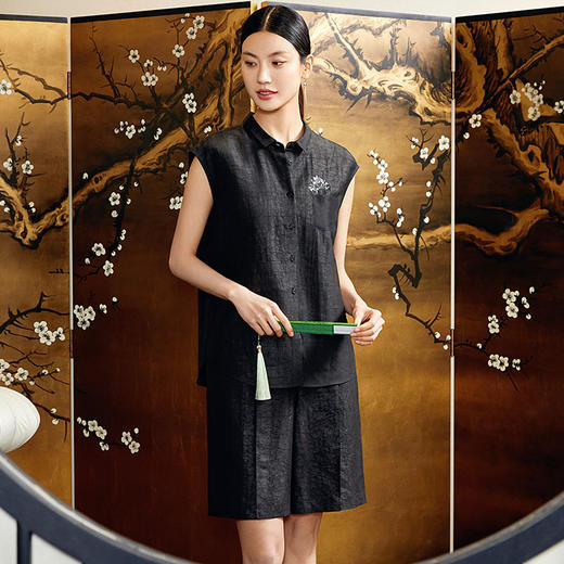 玳莎香云纱半松紧五分裤女2024年夏季新款龟裂纹真丝通勤休闲裤  EB36101 商品图3