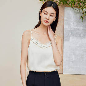 玳莎印花蕾丝拼接真丝吊带背心女2024夏季新款V领无袖内搭打底上衣  EB31003