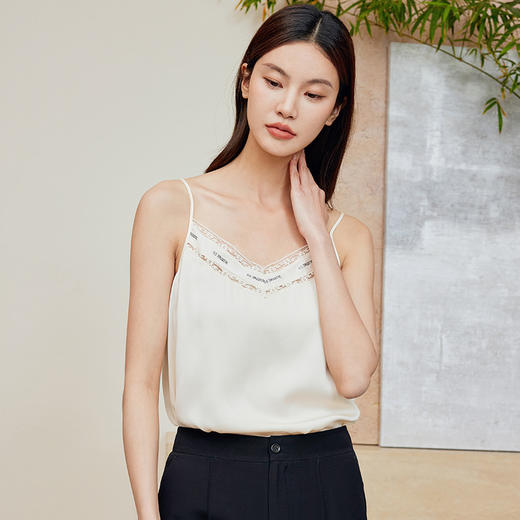 玳莎印花蕾丝拼接真丝吊带背心女2024夏季新款V领无袖内搭打底上衣  EB31003 商品图0