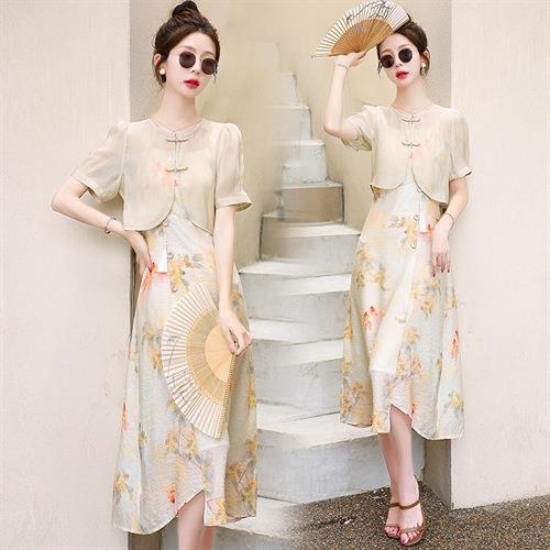 【预订·最迟6天发货】新中式连衣裙2024夏新款高端精致温柔天丝改良旗袍碎花吊带裙套装 商品图1