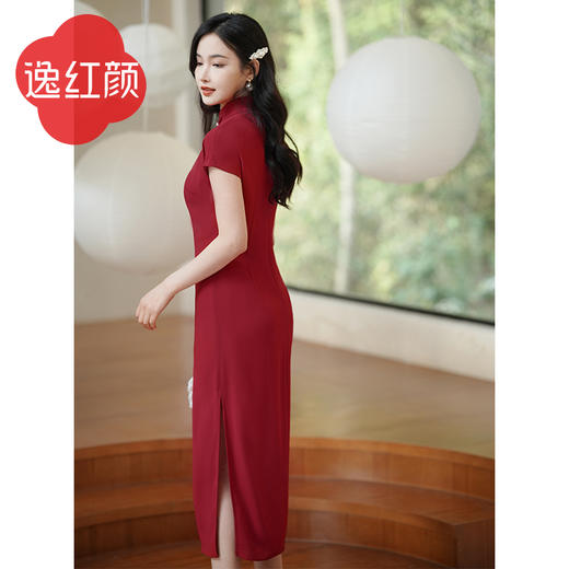 【多件多折】改良版旗袍红色中长款女夏季醋酸面料高端小个子修身连衣裙子妗鸿 商品图4