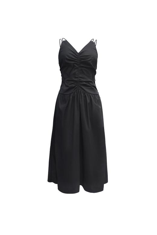 黑色V领褶皱显瘦吊带连衣裙 商品图0