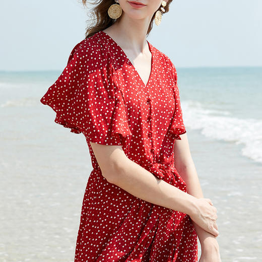 欧芮儿夏装2019新款女装波点雪纺连衣裙中长款气质红色桔梗裙子 商品图3