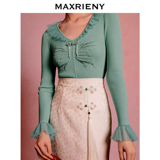 鱼戏莲叶间|MAXRIENY锦鲤刺绣荷叶边v领毛织开衫上衣(货号:MC88SW059) 商品图2