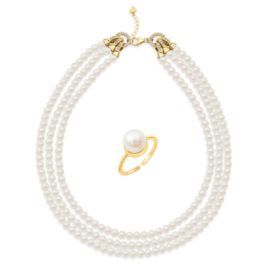 Pearl moments 维多利亚宫廷风 经典珍珠系列3号天然淡水珍珠 奢华三层链+心动时刻珍珠戒指