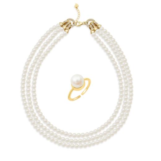 Pearl moments 维多利亚宫廷风 经典珍珠系列3号天然淡水珍珠 奢华三层链+心动时刻珍珠戒指 商品图0