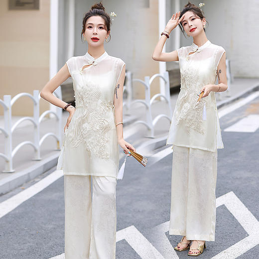 复古新中式，无袖立领阔腿裤刺绣套装HR-CZJ7319 商品图1
