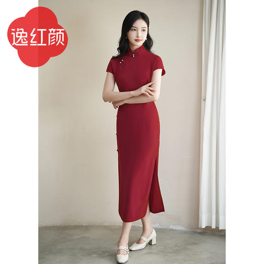【多件多折】改良版旗袍红色中长款女夏季醋酸面料高端小个子修身连衣裙子妗鸿 商品图3