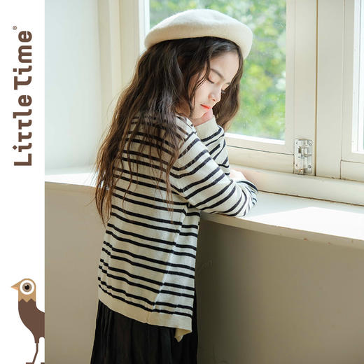 littletime女童黑白条纹针织毛衣开衫春夏新款韩版气质长袖外套 商品图1