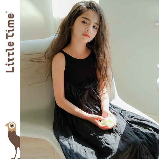 littletime女童黑色连衣裙2024春秋新款复古肌理裙春夏无袖吊带裙 商品图0