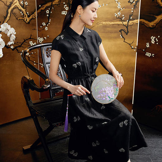 玳莎香云纱连衣裙2024夏日新品100%桑蚕丝收腰显瘦盖袖中长款裙子  EB35102 商品图1