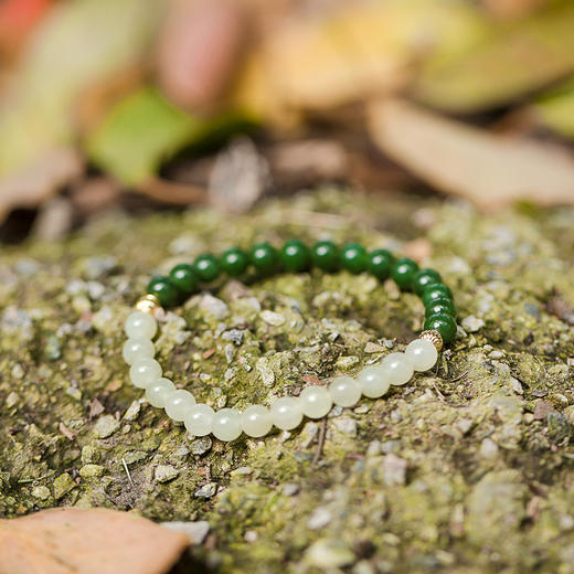 春常在和田玉手串 | 绿色白色珠珠子配饰手串佛珠珠子文玩手链男女手链中式。 商品图3