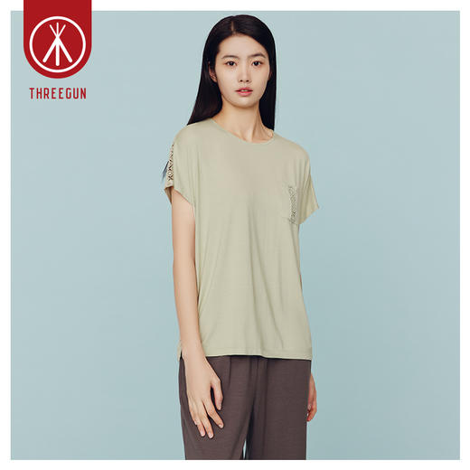 Threegun三枪 【莫代尔】花边圆领亦袖女士T恤上衣打底衫-24086A011 商品图2