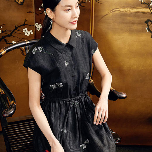 玳莎香云纱连衣裙2024夏日新品100%桑蚕丝收腰显瘦盖袖中长款裙子  EB35102 商品图2