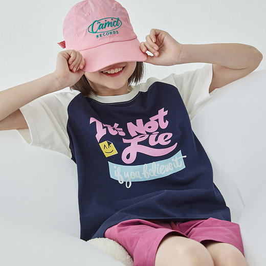 棵初夏季款儿童美式复古撞色短袖T恤亲子款字母印花插肩袖上衣 商品图2